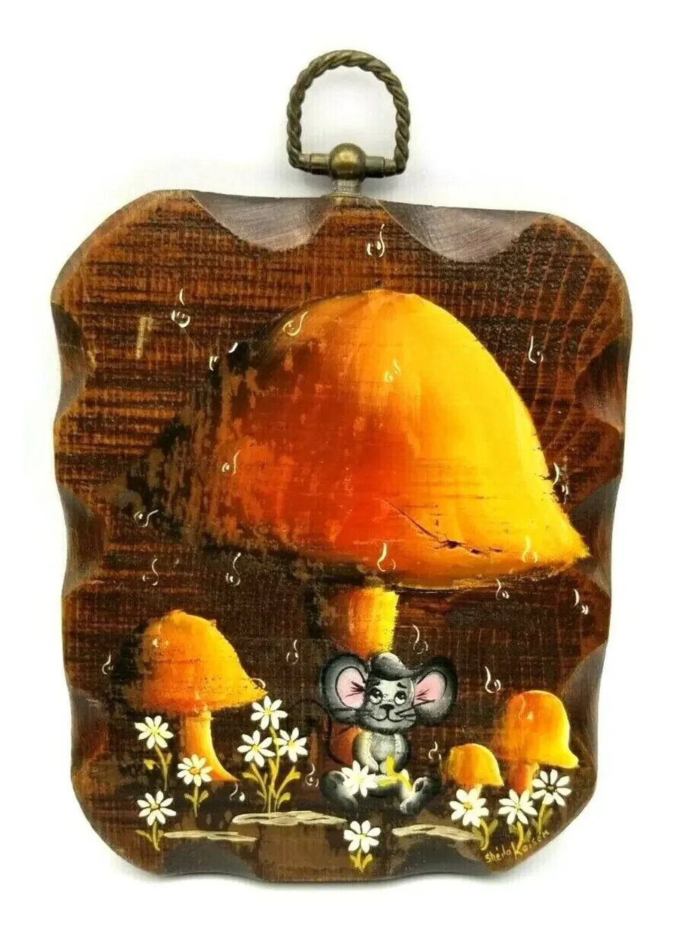 Vintage Mushrooms Mouse Tole Painting Signed by Artist Wall Hanging 7
